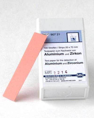 Aluminum test paper **Also Zirconium test paper *TEST PROCEDURE IS INTRICATE, PRODUCT NOT RECOMMENDED FOR USE BY NON CHEMIST* REQUEST TEST PROCEDURE PRIOR TO ORDERING *Additional reagents are required to perform this test, they are not included with this item* #90721