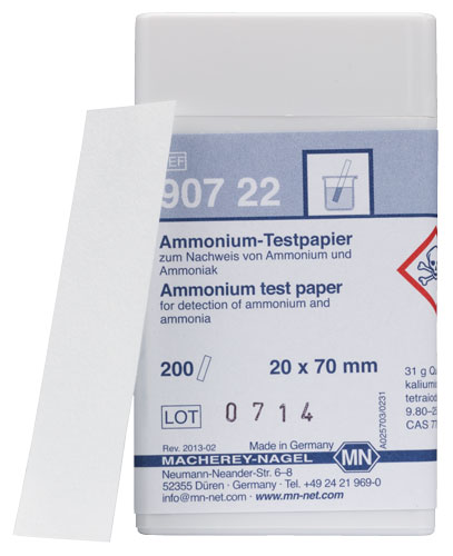 Ammonium test paper *This item is hazardous and cannot ship Parcel Post. It is required to ship UPS Ground* *TEST PROCEDURE IS INTRICATE, PRODUCT NOT RECOMMENDED FOR USE BY NON CHEMIST* REQUEST TEST PROCEDURE PRIOR TO ORDERING. *Additional reagents are required to perform this test, they are not included with this item* #90722