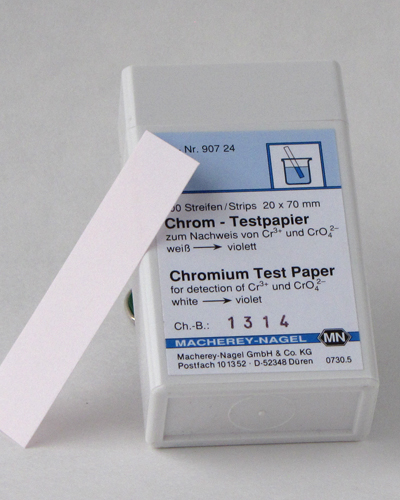 Chromium test paper *TEST PROCEDURE IS INTRICATE, PRODUCT NOT RECOMMENDED FOR USE BY NON CHEMIST* REQUEST TEST PROCEDURE PRIOR TO ORDERING (see QUANTOFIX® Chromate 91301 as an alternative)  *Additional reagents are required to perform this test, they are not included with this item* #90724