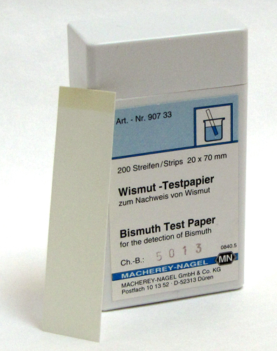 Bismuth test paper *TEST PROCEDURE IS INTRICATE, PRODUCT NOT RECOMMENDED FOR USE BY NON CHEMIST* REQUEST TEST PROCEDURE PRIOR TO ORDERING. *Additional reagents are required to perform this test, they are not included with this item* #90733